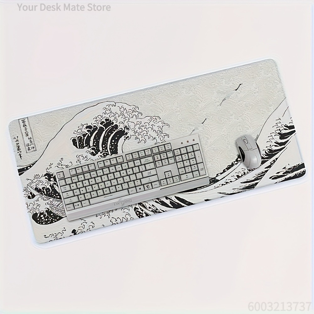 Desk Setup Art - แผ่นรองโต๊ะลายคลื่นสีดำขาว ขนาด XXL | แผ่นรองเมาส์สำหรับเล่นเกมแบบยางเนื้อนุ่มสำหรับการตั้งค่าพีซี แล็ปท็อป