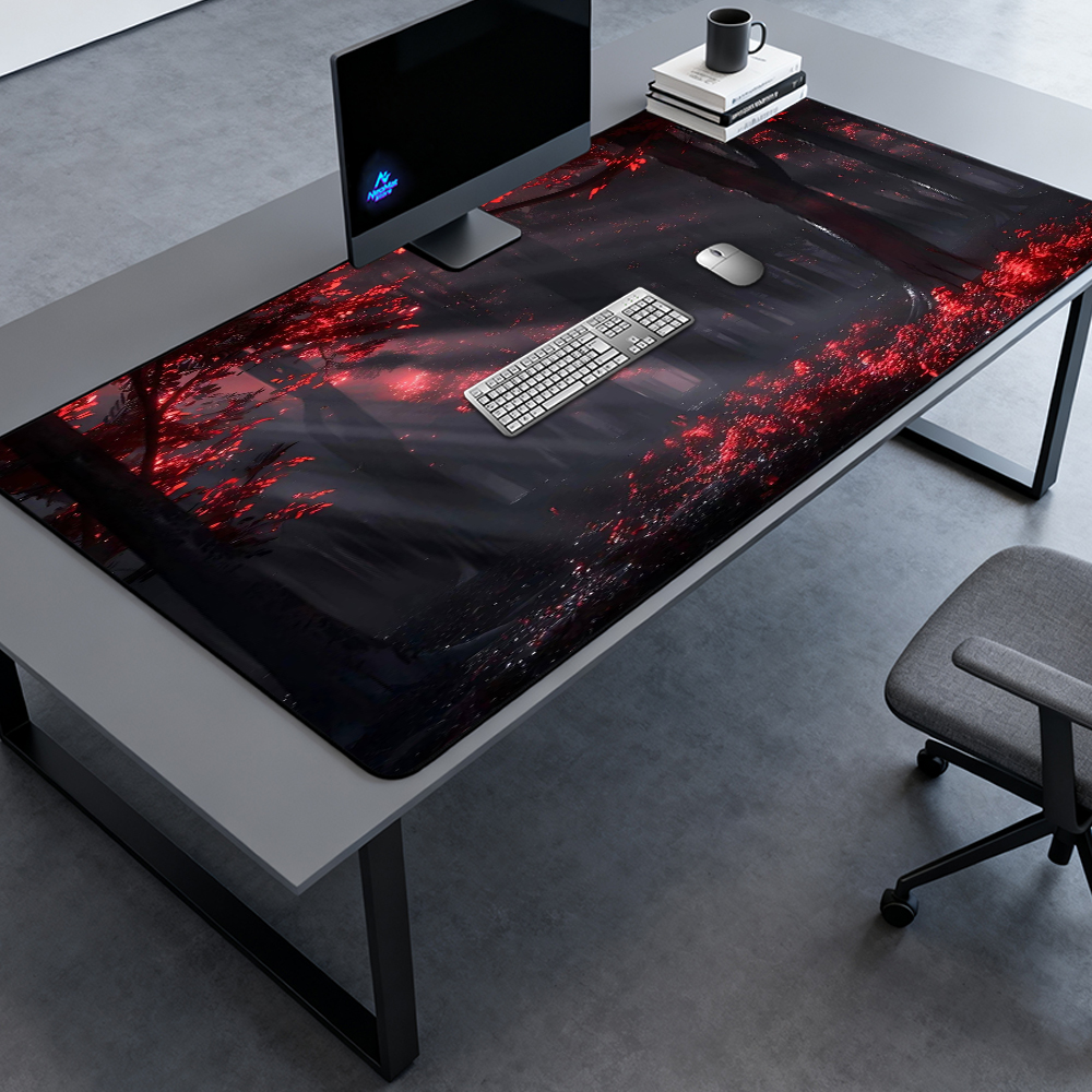 Desk Setup Accessories Aesthetic - แผ่นรองเมาส์ลายป่ามืดขนาดใหญ่ 140x60 ซม. สำหรับเล่นเกมส์ ตกแต่งคอมพิวเตอร์ ลายใบไม้สีแดง