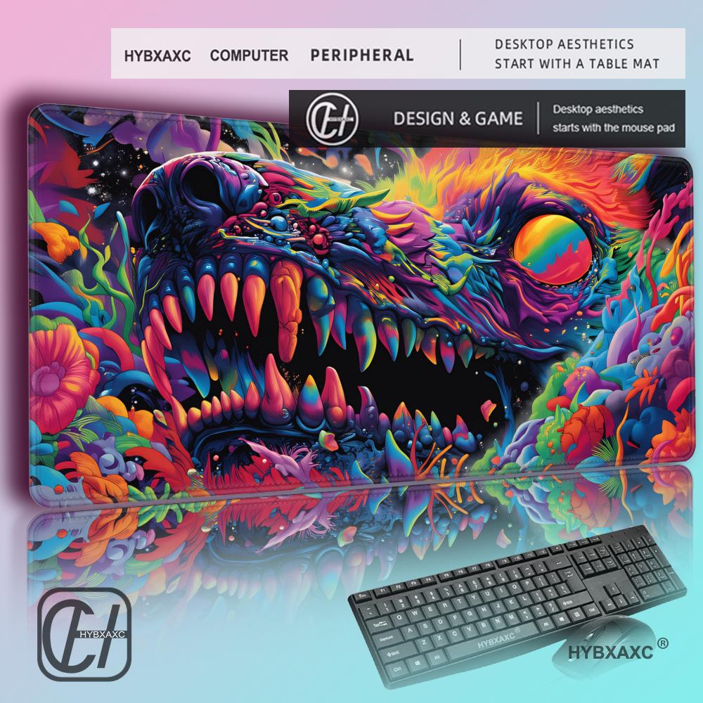 Desk Setup Art - HYBXAXC แผ่นรองเมาส์ลายสัตว์ประหลาดแนวไซเคเดลิก ลายหัวกะโหลก ศิลปะแนวแอซิด สีสันสดใส อุปกรณ์เสริมสำหรับเกมเมอร์