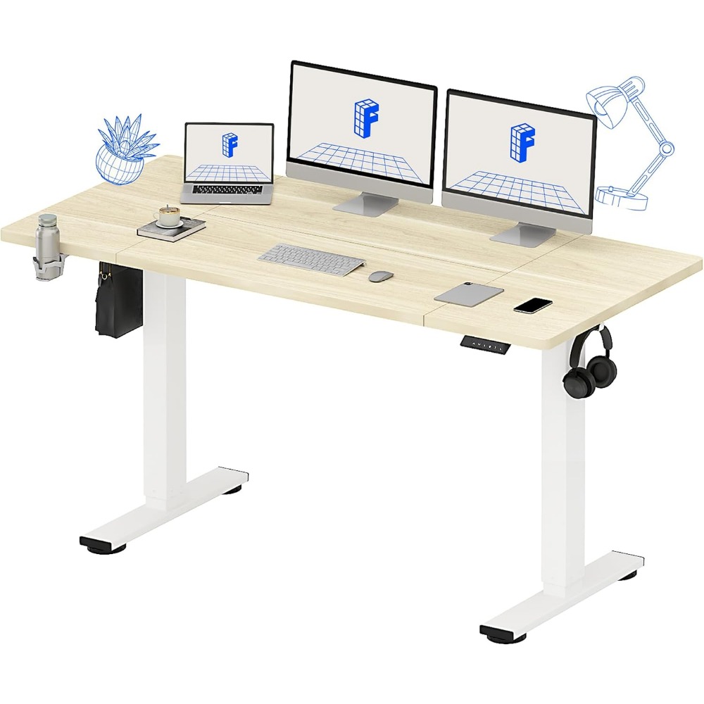 Setup Desk Monitor - FLEXISPOT โต๊ะยืนไฟฟ้าขนาด 63x32 นิ้ว ลายไม้สีขาว |