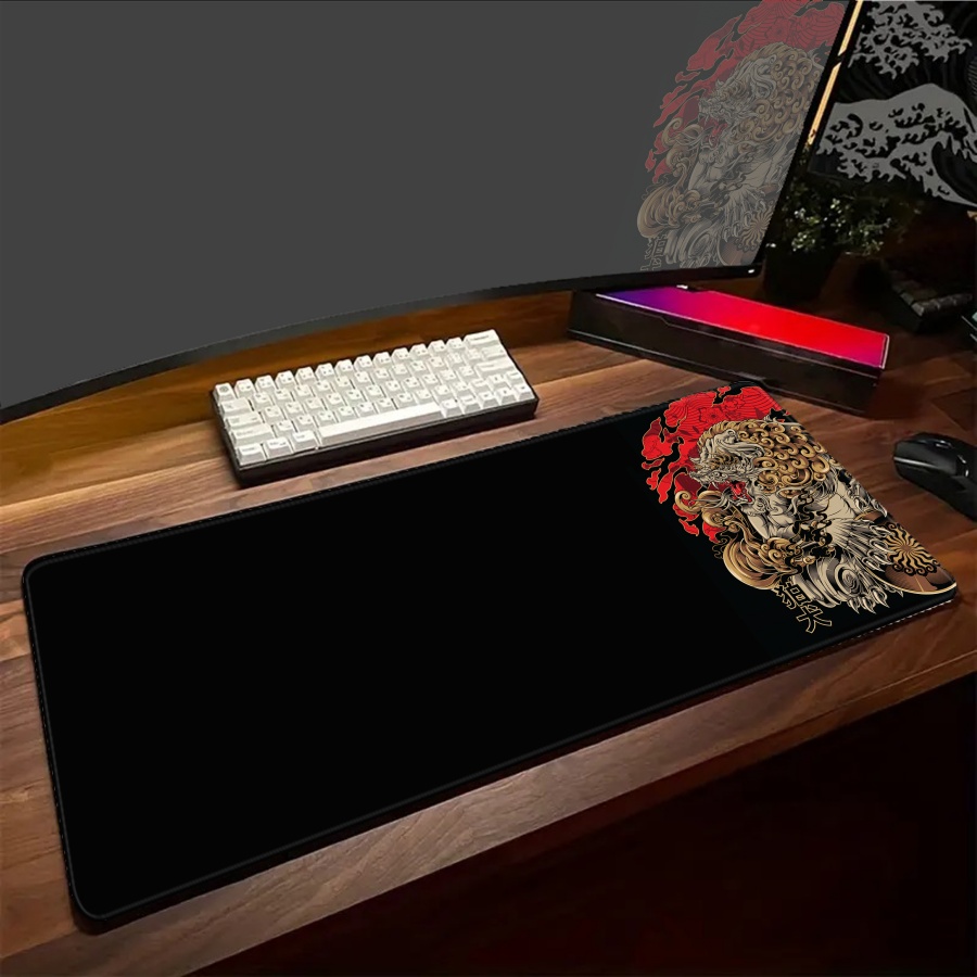 Desk Setup Art - แผ่นรองเมาส์สีดำ ONI ขนาดใหญ่ แผ่นรองเมาส์สำหรับเล่นเกม แผ่นรองเมาส์ลายศิลปะ อุปกรณ์เสริมสำหรับคีย์บอร์ด