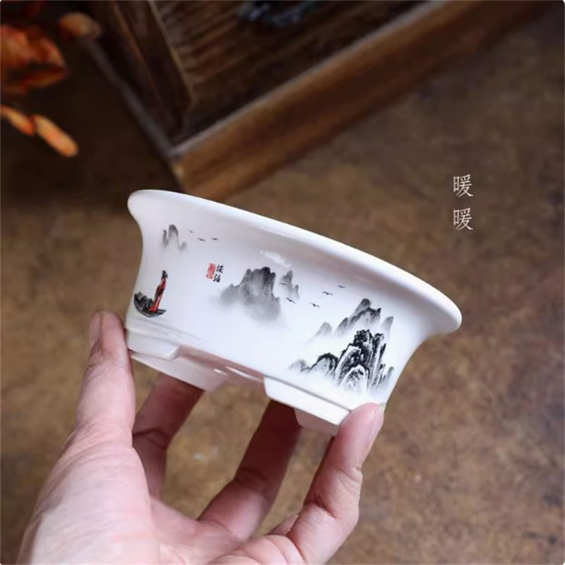Plant Pot Small Desk - พอร์ซเลนสีขาวรูปไข่Bonsaiหม้อ,หม้อมินิ,รอบ,แจกันดอกไม้ขนาดเล็ก,ปลูกหอพัก,โต๊ะ,ตกแต่งสวน