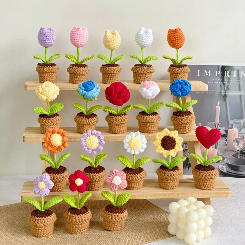 Plant Pot Small Desk - ดอกกุหลาบกระถางจิ๋วทอมือ ตกแต่งโต๊ะทำงาน ต้นไม้ประดับในกระถาง ผลิตภัณฑ์สำเร็จรูปจากเส้นด้ายขนสัตว์ ของตกแต่งบ้าน