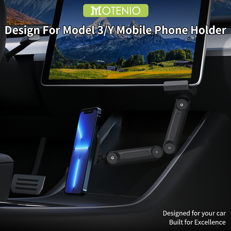 Dual Phone Holder - ที่วางโทรศัพท์แม่เหล็กไร้สายแบบพับได้สำหรับเทสลารุ่น 3/รุ่น Y พร้อมดีไซน์ปรับได้สองระดับ