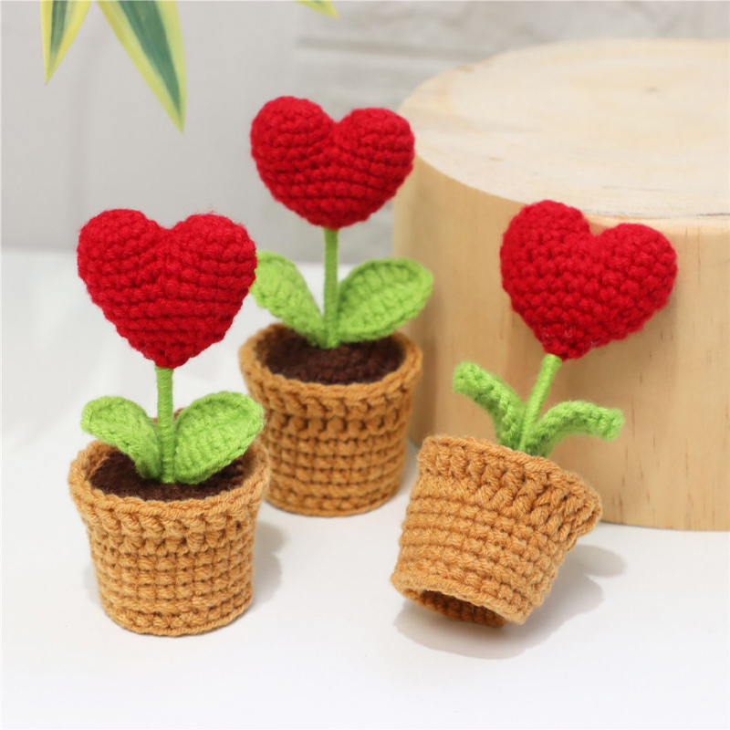 Plant Pot Small Desk - ดอกกุหลาบกระถางจิ๋วทอมือ ตกแต่งโต๊ะทำงาน ต้นไม้ประดับในกระถาง ผลิตภัณฑ์สำเร็จรูปจากเส้นด้ายขนสัตว์ ของตกแต่งบ้าน