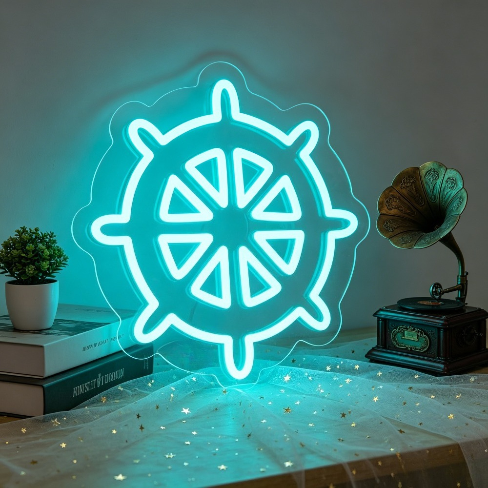 Desk Setup Art - ป้ายไฟนีออน LED รูปวงล้อเรือ ของตกแต่งผนังสไตล์ทะเล ใช้พลังงานจาก USB