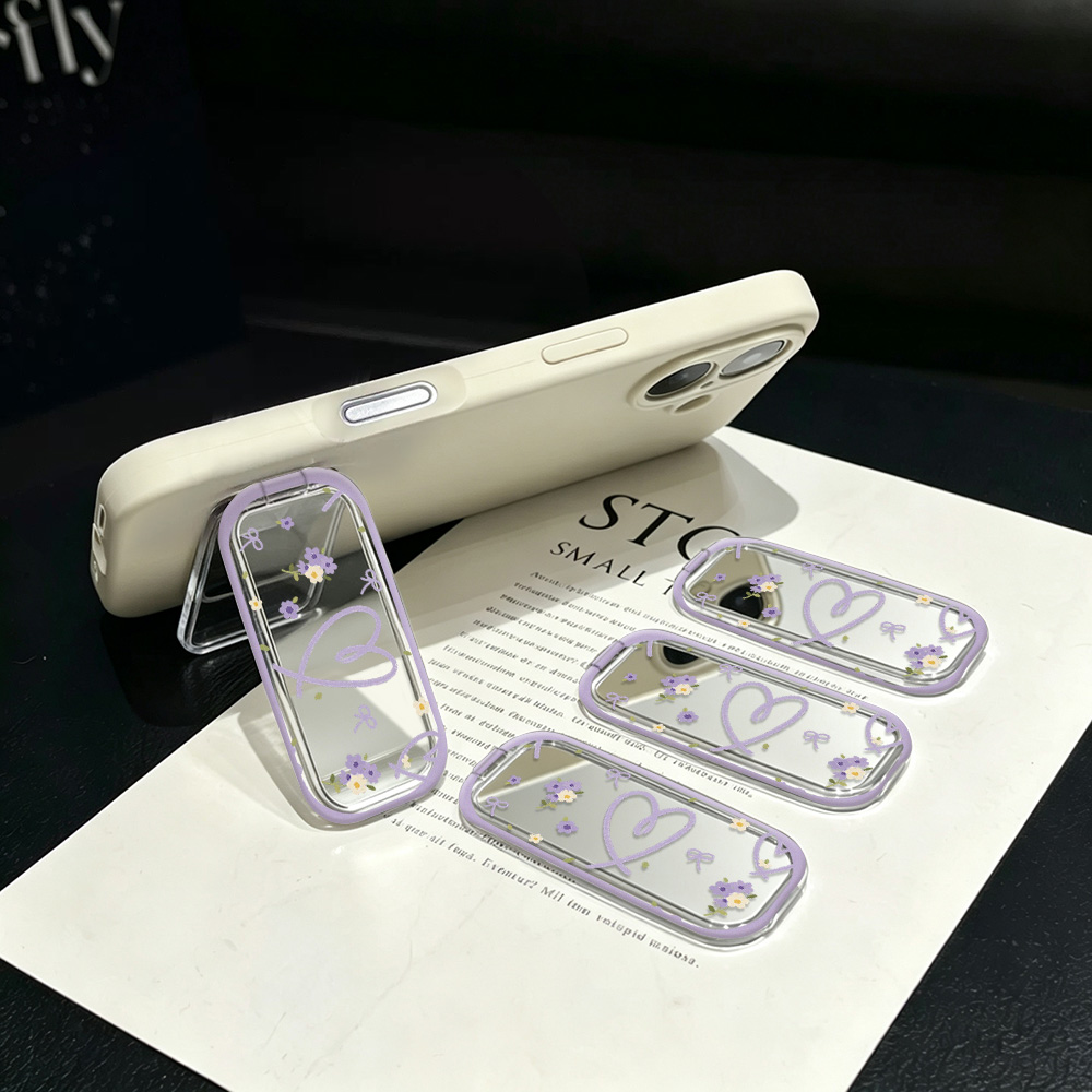 Desk Setup Apple - ที่จับโทรศัพท์แบบพับได้ลายดอกไม้สีม่วงอ่อนสไตล์น่ารัก พร้อมกระจกแต่งหน้า 2-in-1 มีหลายแบบให้เลือก