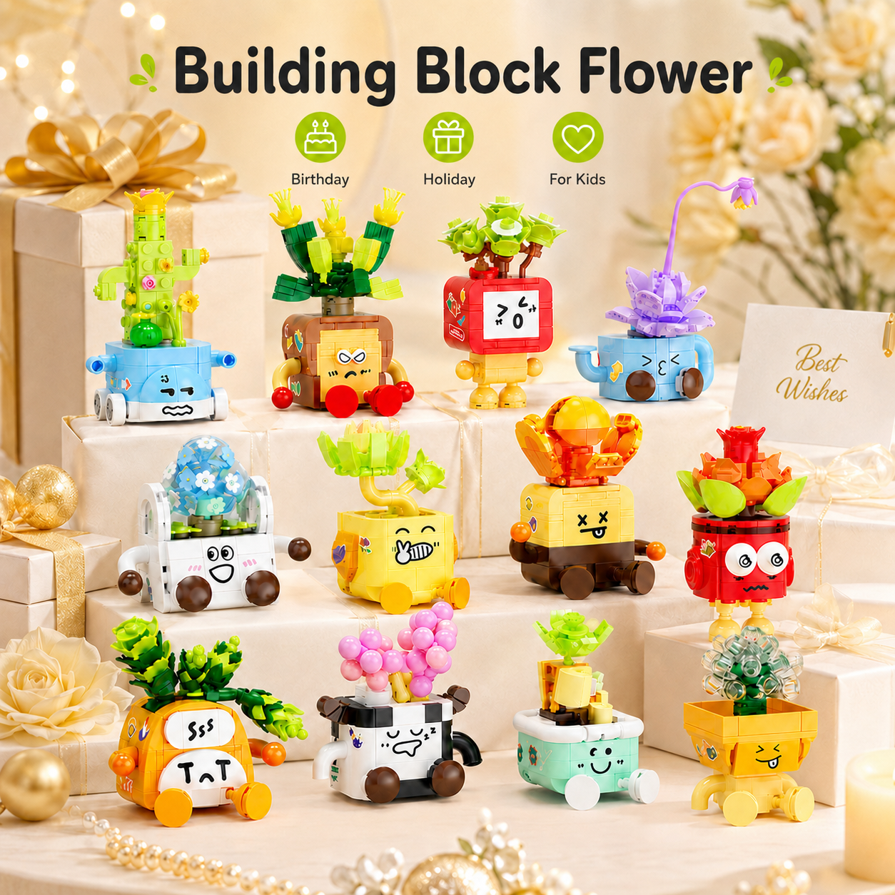 Plant Pot Small Desk - ตัวต่อบล็อกกระถางดอกไม้นิรันดร์ ของเล่น DIY ตัวต่อพืชอวบน้ำ ของเล่นตัวต่อขนาดเล็ก โมเดลบล็อกดอกไม้