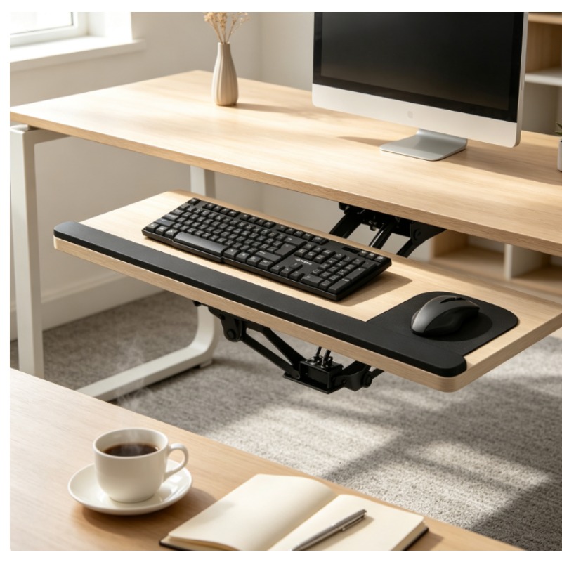 Desk Setup Home - ถาดวางคีย์บอร์ดใต้โต๊ะพร้อมแผ่นรองเมาส์ ปรับระดับความสูงได้ตามหลักสรีรศาสตร์และหมุนได้ โครงสร้างแข็งแรงสำหรับใช้งานในโฮมออฟฟิศ