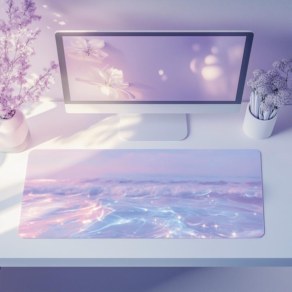 Desk Setup Accessories Aesthetic - แผ่นรองเมาส์สีพาสเทลสวยงามสำหรับเกมเมอร์ ลายคลื่นทะเลน่ารัก ของตกแต่งโต๊ะทำงาน ของขวัญน่ารักสำหรับการจัดวางอุปกรณ์เล่นเกม แผ่นรองเมาส์สีชมพู