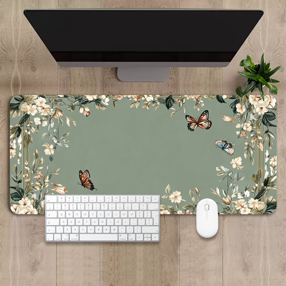 Desk Setup Art - แผ่นรองโต๊ะลายผีเสื้อและลายดอกไม้สีเขียว ของตกแต่งโต๊ะเกมเมอร์ ถาดจัดระเบียบและถาดรองเมาส์
