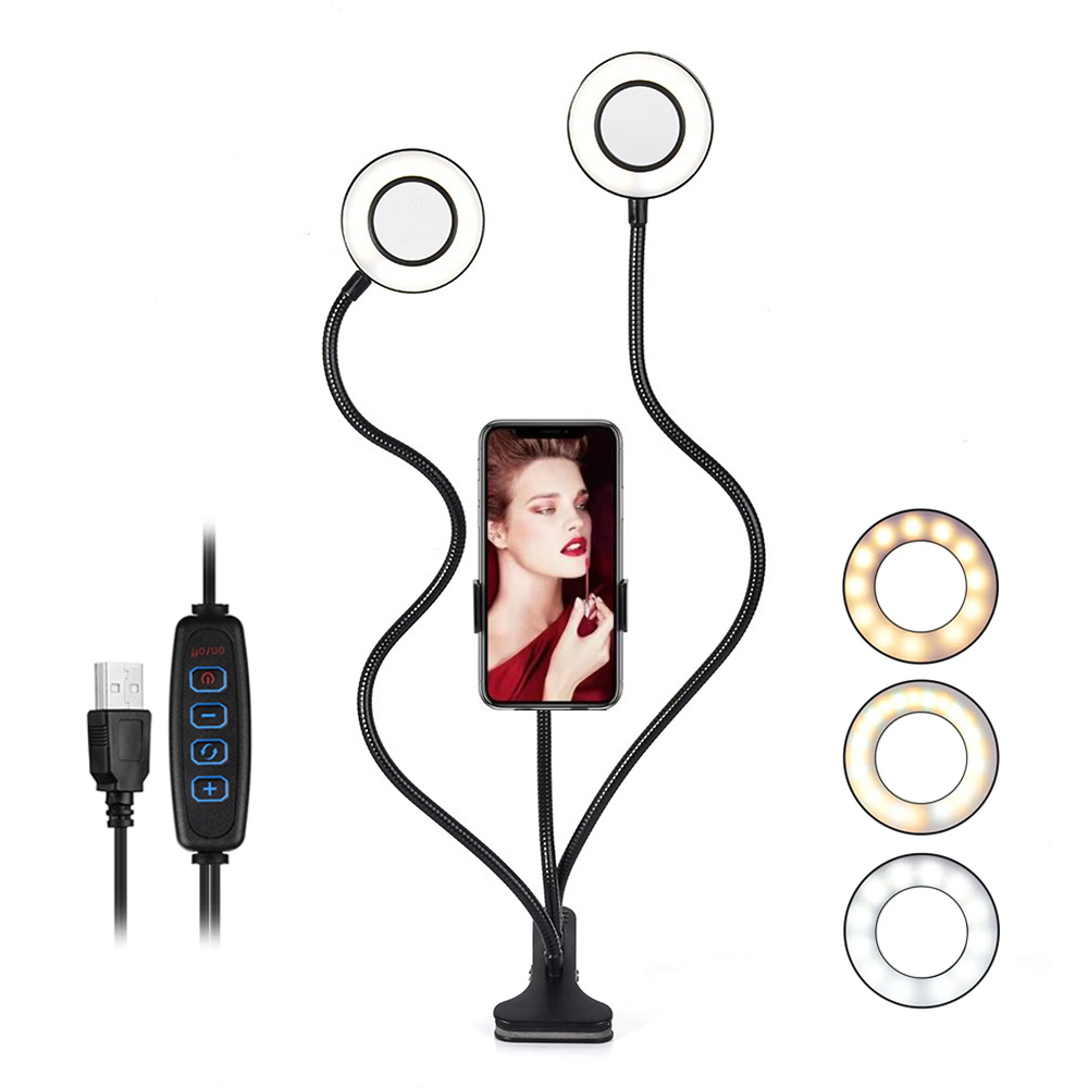 Dual Phone Holder - ไฟคู่ไฟ LED เติมวงแหวนแสง USB แบบยืดหยุ่นโคมไฟเติมแสงโคมไฟวงแหวนหรี่แสงได้พร้อมที่วางโทรศัพท์สําหรับการสตรีมสด