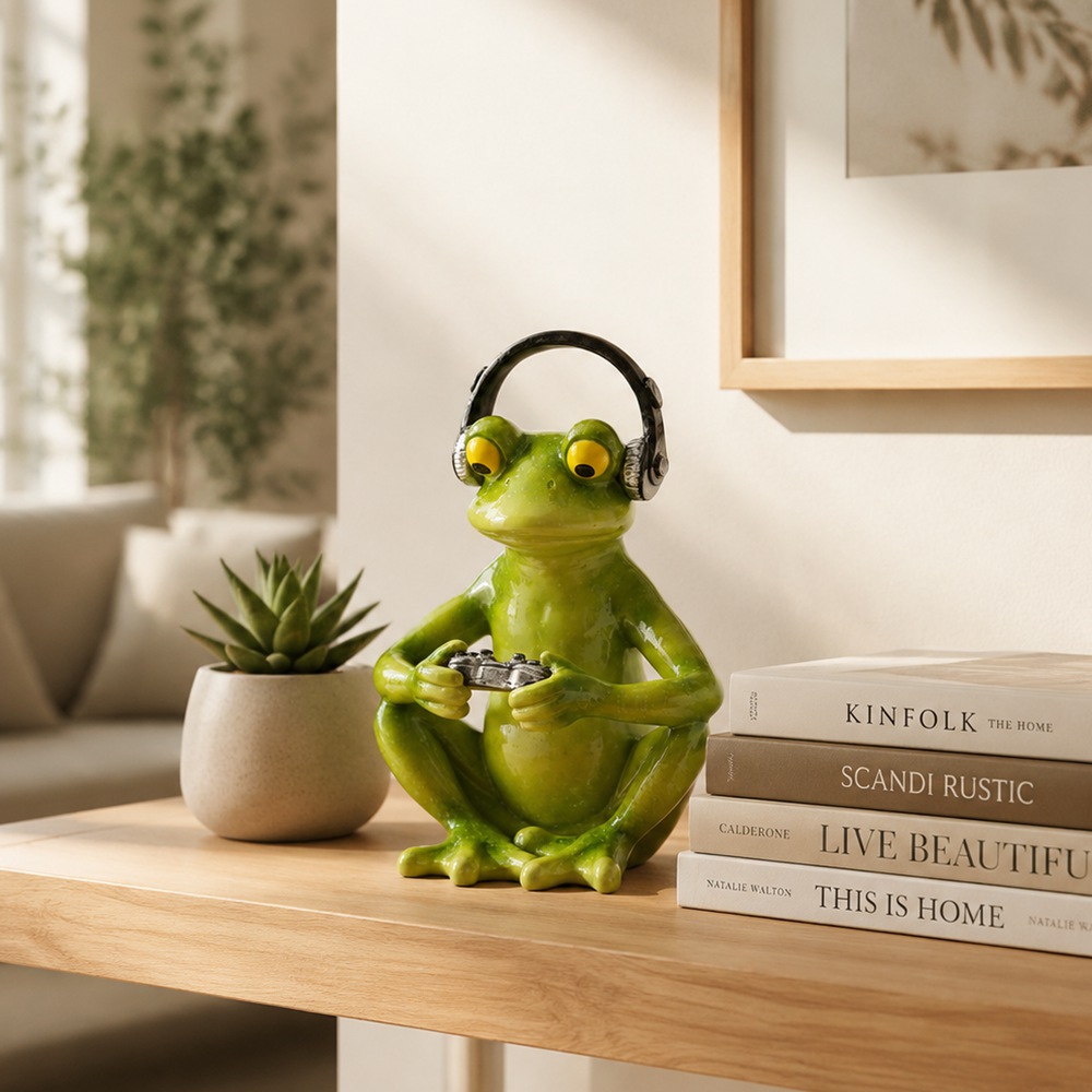 Desk Setup Headphones - รูปปั้นกบเกมเมอร์สุดฮา พร้อมหูฟัง คอนโทรลเลอร์เกม ของตกแต่งโต๊ะทำงาน สไตล์เก๋ๆ สำหรับคนรักเกม