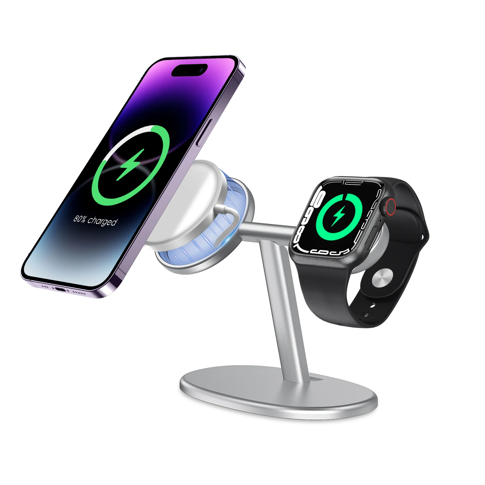 Desk Setup Apple - EWA 2-in-1 แท่นวางโทรศัพท์ตั้งโต๊ะสำหรับที่ชาร์จแม็กเซฟสำหรับไอโฟน 16~12 และแอปเปิ้ลวอทช์ซีรีส์(ไม่รวมที่ชาร์จ)