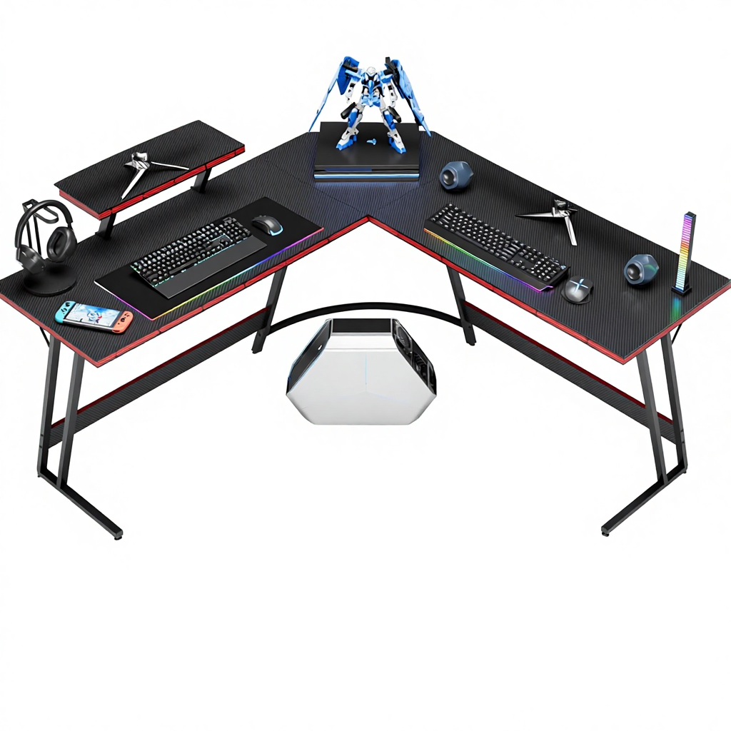 Setup Desk Monitor - โต๊ะเล่นเกมปรับระดับได้รูปตัว L พร้อมฐานเหล็กอัลลอยด์สำหรับจอภาพขนาดใหญ่ ชุดอุปกรณ์คอมพิวเตอร์สำหรับโฮมออฟฟิศ - โครงสร้างแข็งแรงทนทาน