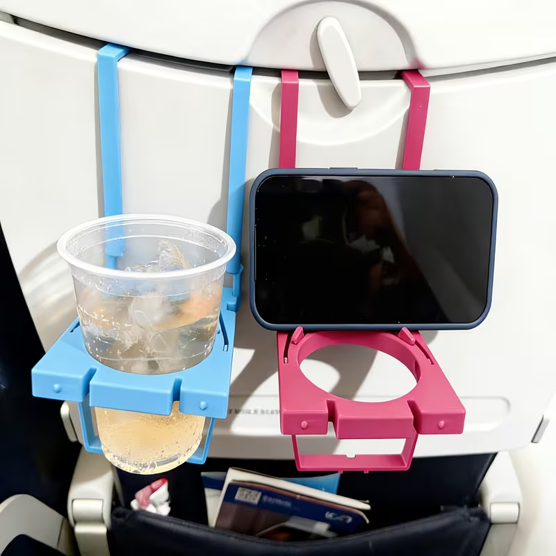 Dual Phone Holder - ที่วางแก้วเครื่องดื่มและแท่นวางโทรศัพท์อเนกประสงค์สำหรับเครื่องบิน 1 ชิ้น - ถาดวางของขนาดเล็กแบบพับได้สำหรับการเดินทาง -