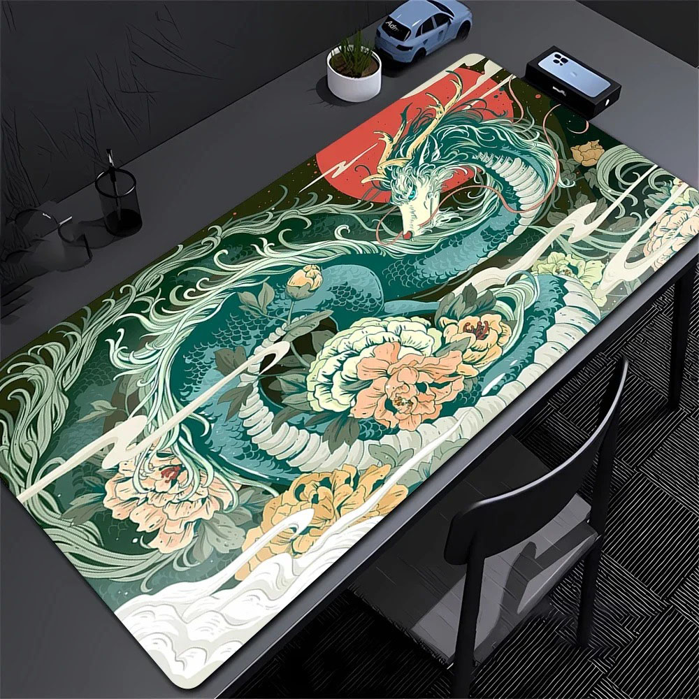 Desk Setup Art - แผ่นรองเมาส์ลายดอกโบตั๋นมังกรตะวันออกขนาดใหญ่ แผ่นรองเมาส์สำหรับเล่นเกมศิลปะญี่ปุ่น ยางกันลื่น อุปกรณ์เสริมสำหรับตั้งค่าพีซีในสำนักงาน