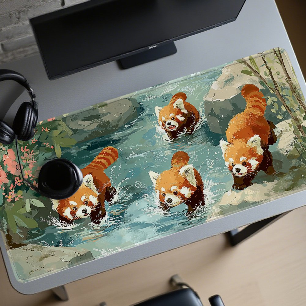 Desk Setup Streaming - แผ่นรองเมาส์ลายแพนด้าสีแดงสี่ตัวเล่นน้ำในลำธาร ขนาด XXL ทำจากยางทนทาน เหมาะสำหรับการเล่นเกมและใช้งานในออฟฟิศ