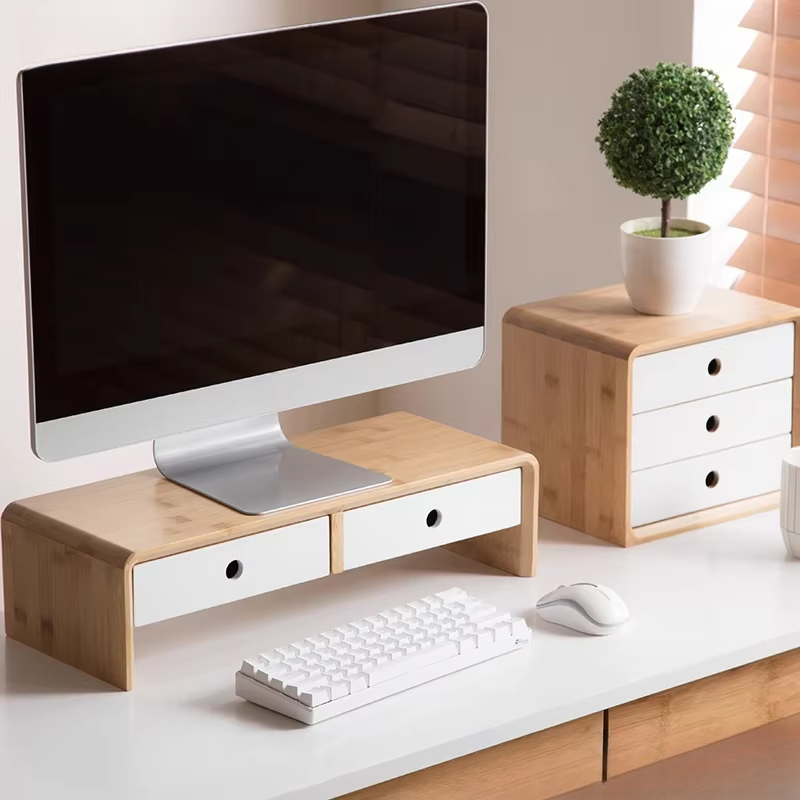 Setup Desk Monitor - แท่นวางจอแล็ปท็อปไม้ไผ่ ที่วางของบนโต๊ะทำงานแบบเป็นมิตรกับสิ่งแวดล้อม พร้อมลิ้นชัก สำหรับการจัดวางโต๊ะทำงานที่บ้าน ขาตั้งไม้