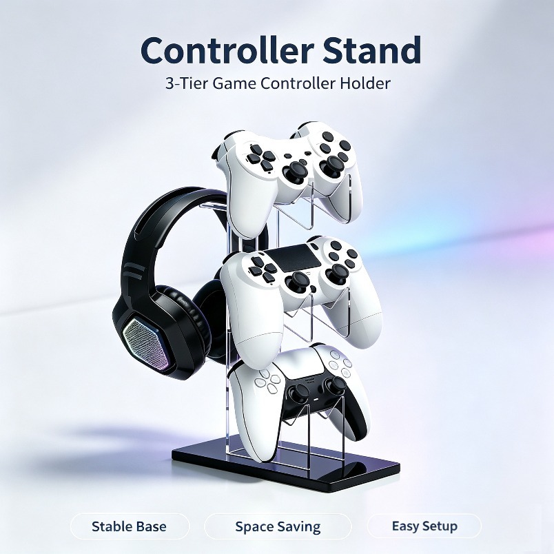 Desk Setup Headphones - ชั้นวางเก็บอุปกรณ์เกม 3 ชั้น พร้อมที่วางจอยควบคุมและที่แขวนหูฟัง ชั้นวางแข็งแรง ประหยัดพื้นที่