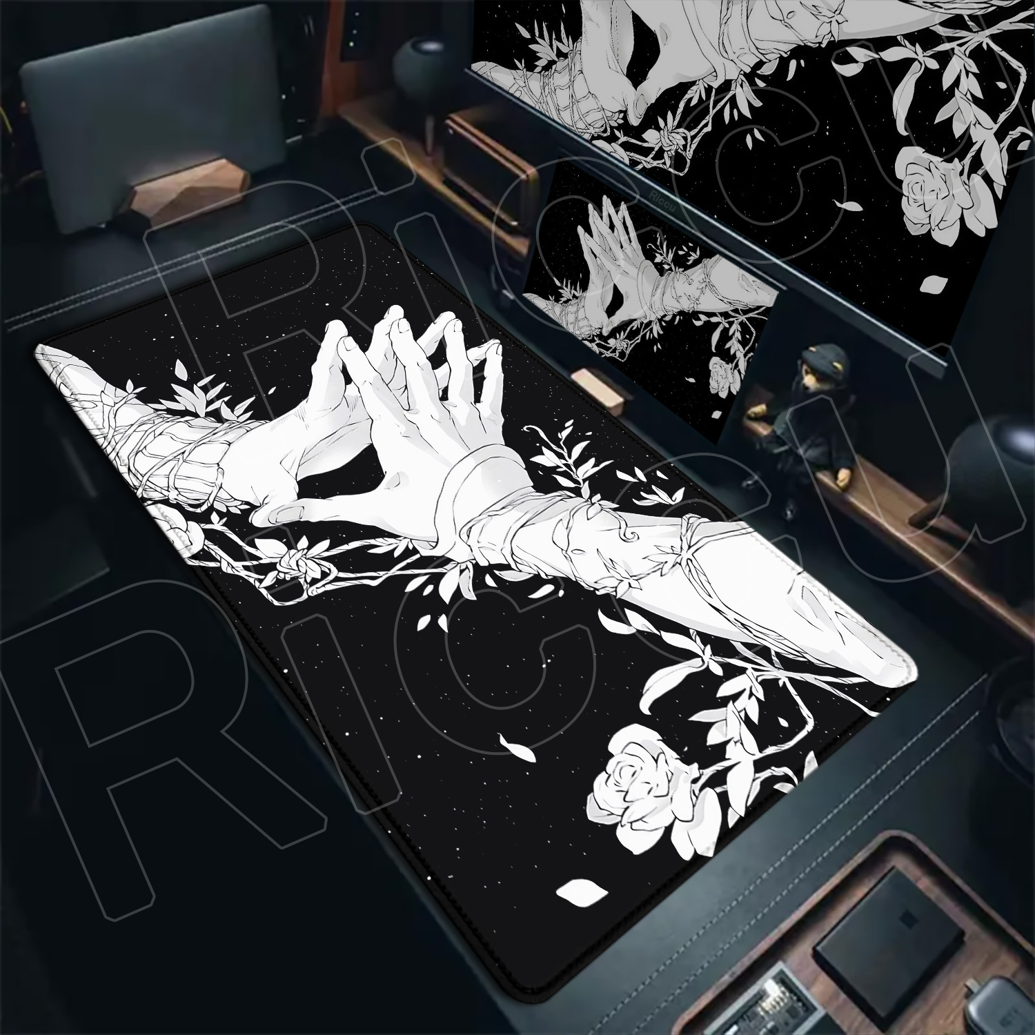 Desk Setup Art - แผ่นรองเมาส์ลายศิลปะโกธิคสีดำขาวขนาดใหญ่พิเศษ XXL สำหรับเล่นเกมส์บนพีซี ใช้ในบ้าน สำนักงาน แล็ปท็อป