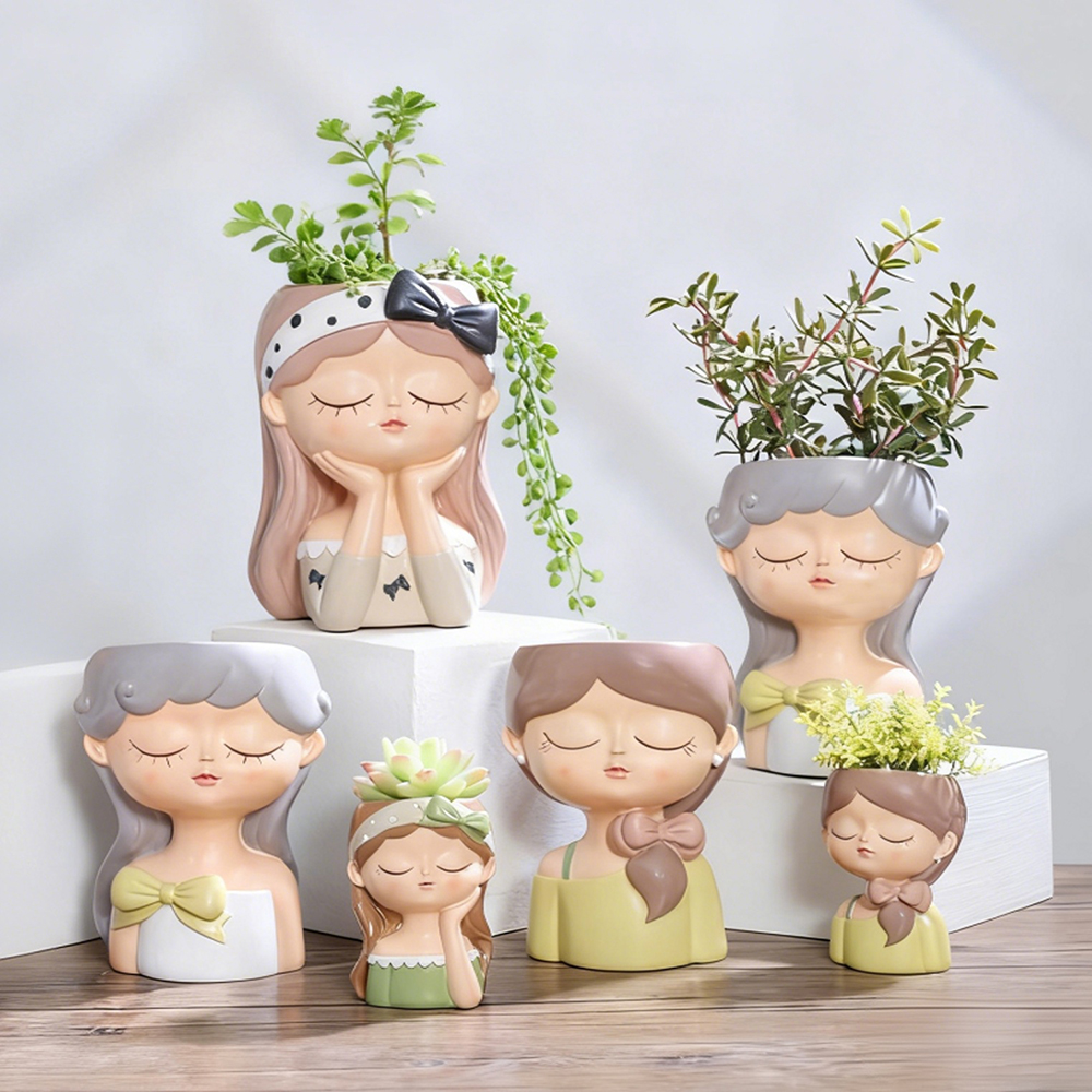 Plant Pot Small Desk - กระถางต้นไม้เรซิ่นรูปเด็กผู้หญิงน่ารัก สำหรับปลูกไม้อวบน้ำ ตกแต่งบ้าน สำนักงาน โต๊ะทำงาน ของตกแต่งสวนจิ๋ว