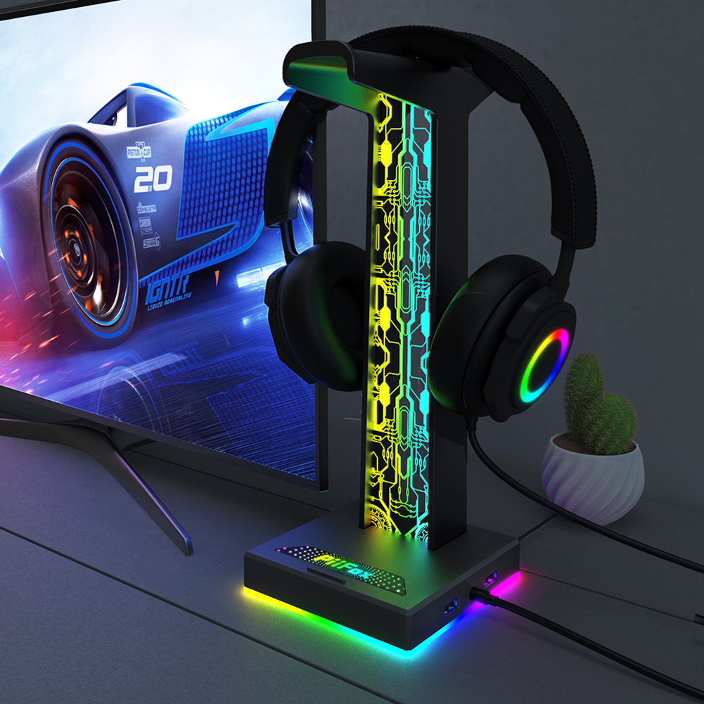 Headphone Hook Under - หูฟังสำหรับเล่นเกม RGB พอร์ต USB คู่ขนาด3.5มม. พอร์ตสัญญาณเสียง10เอฟเฟกต์แสงที่แขวนหูฟังเกมตั้งโต๊ะสำหรับเกมพีซี