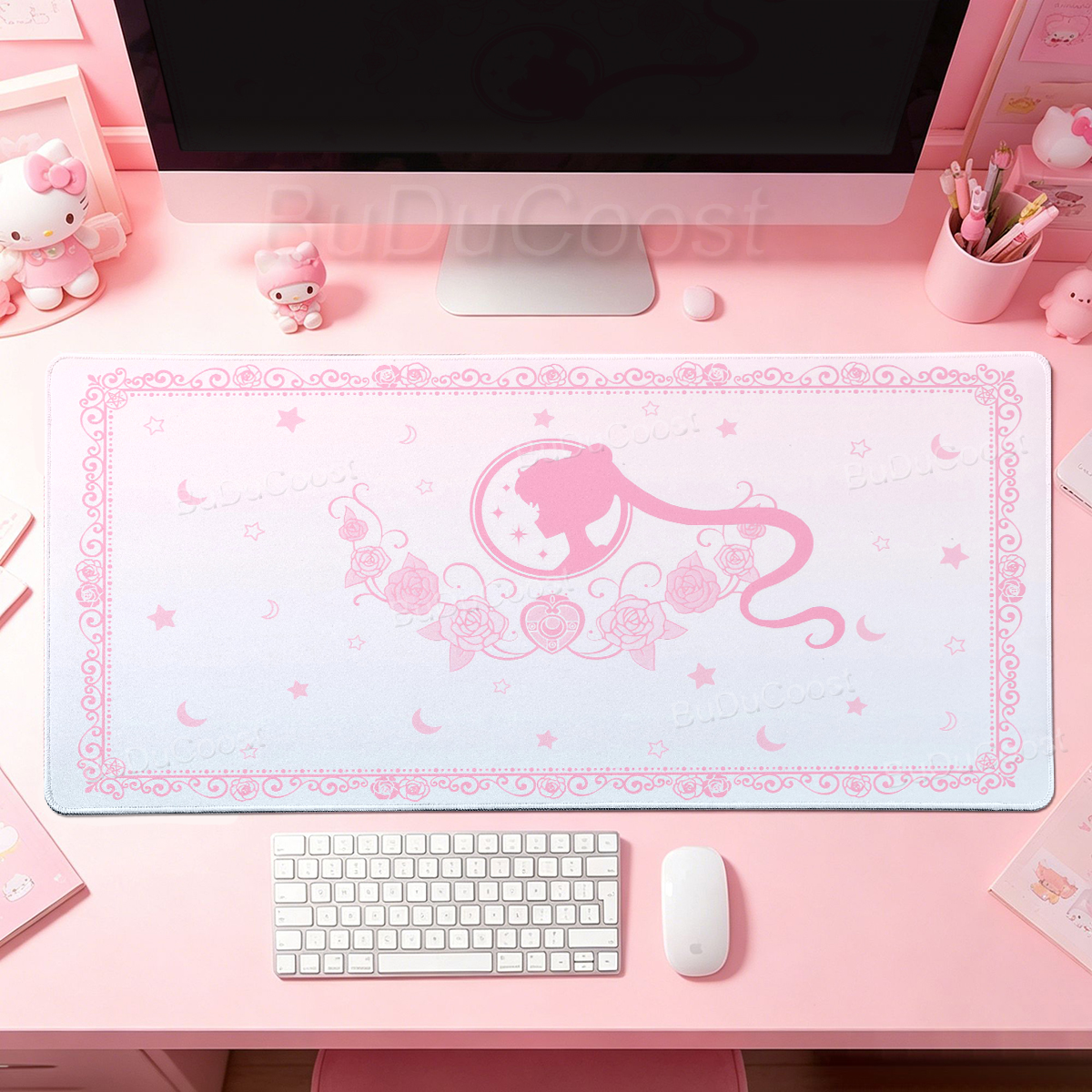 Desk Setup Accessories Aesthetic - แผ่นรองเมาส์ลายการ์ตูนสาวน้อยน่ารักสีชมพู เซเลอร์มูน ขนาดใหญ่ สำหรับเกมเมอร์ พีซี อุปกรณ์สำนักงาน