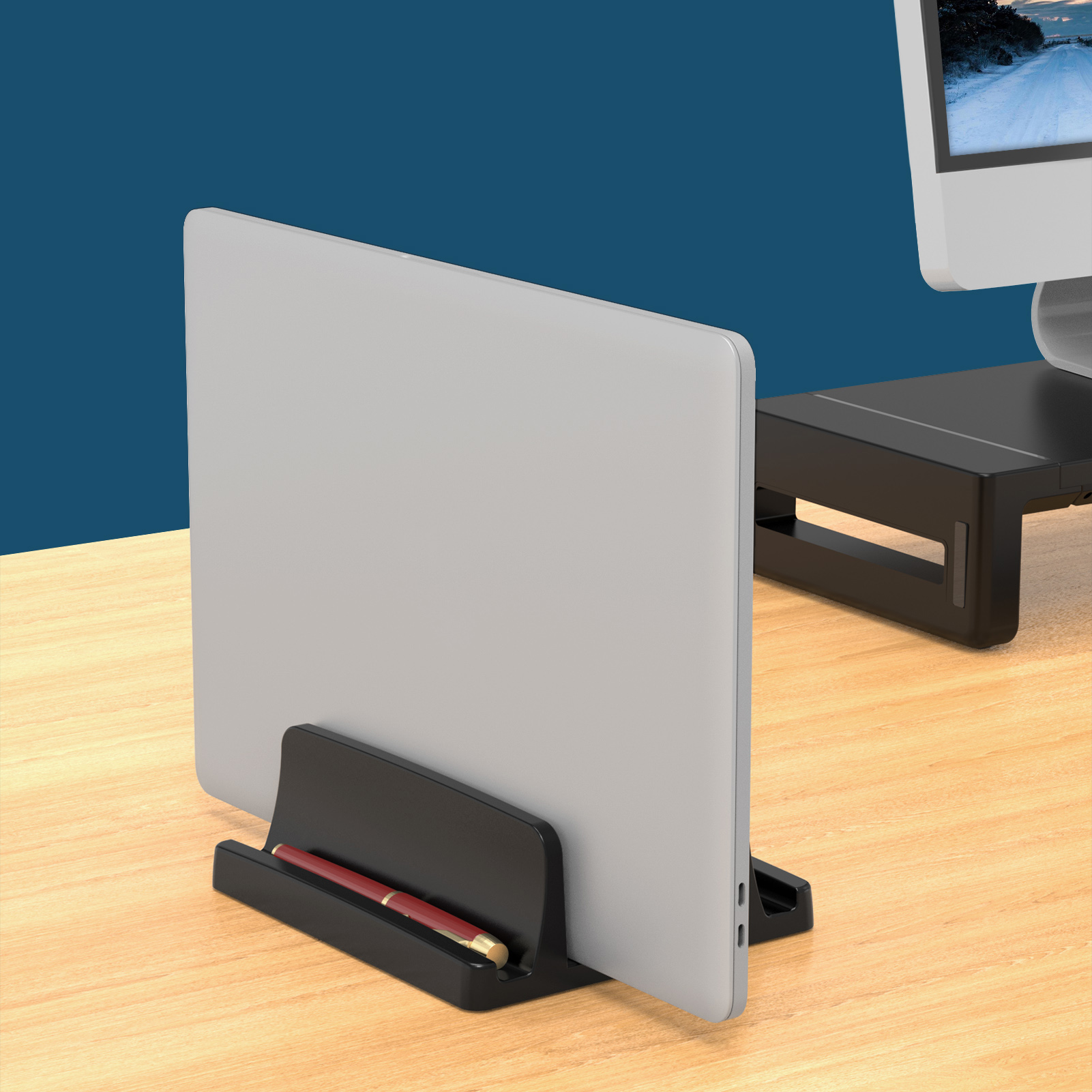 Desk Setup Macbook - ขาตั้งแล็ปท็อปแนวตั้งสําหรับโต๊ะ,ที่วางแล็ปท็อปพลาสติกสองช่องพร้อมการออกแบบประหยัดพื้นที่,ขาตั้งแล็ปท็อปรองรับ MacBook